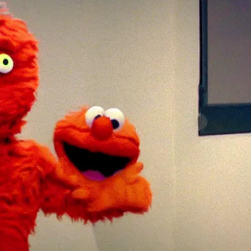 Prompt: Elmo waves at a scared child