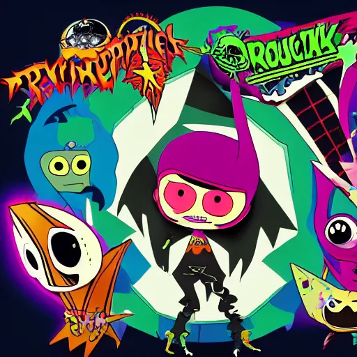 Prompt: psychic punk rocker electrifying rockstar with vampire squid head concept character designs of various shapes and sizes by genndy tartakovsky and splatoon by nintendo and the psychonauts franchise by doublefine tim shafer artists as well as the artist for the new hotel transylvania film