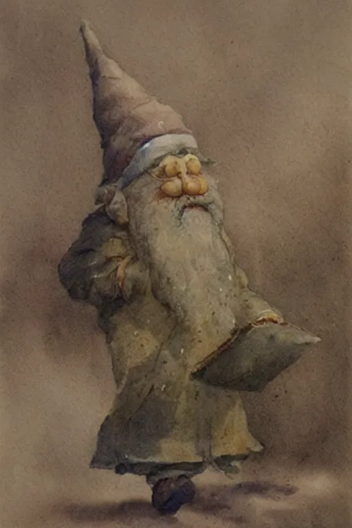 Prompt: muted color!! watercolor of a gnome painterly, granular dripping running. very muted colors. ) ) by jean - baptiste monge!!