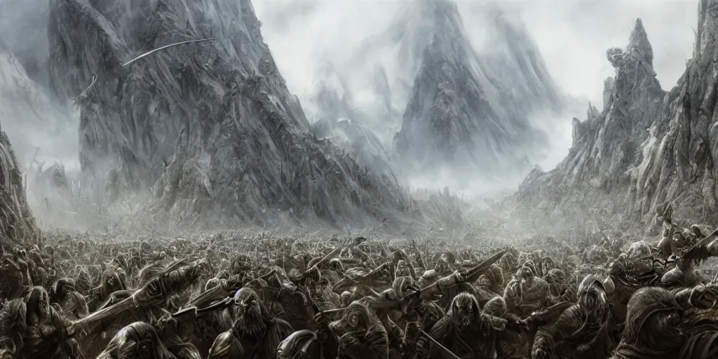 Prompt: A large group of Orcs from the Misty Mountains attacking the army of Aragorn, detailed matte painting, cinematic, Alan Lee, Artstation
