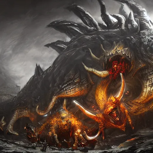 Image similar to concept art of bowser with huge horns and scales and talons in a ruined kingdom, resident evil, horror, occult, terror, mist, volumetric render, digital painting, detailed painting