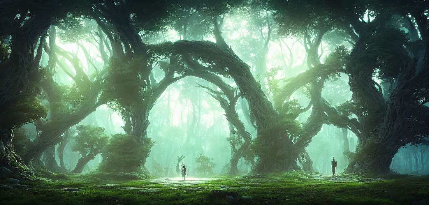 Image similar to random mystic forest huge house landscape, big glowing magic giant portal, huge central symmetrical composition, incredible, vector art, octane render, fabulous, hyper detailed, random cinematic view, no noise, global illumination, warm lighting, volumetric, godrays, vivid, beautiful, by jordan grimmer