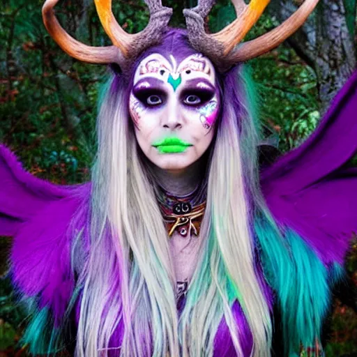 Prompt: tiefling druid with deer antlers growing out of their head blonde hair and large tribal jewelry and face paint, purple, mint, teal, orange, pink, green, red