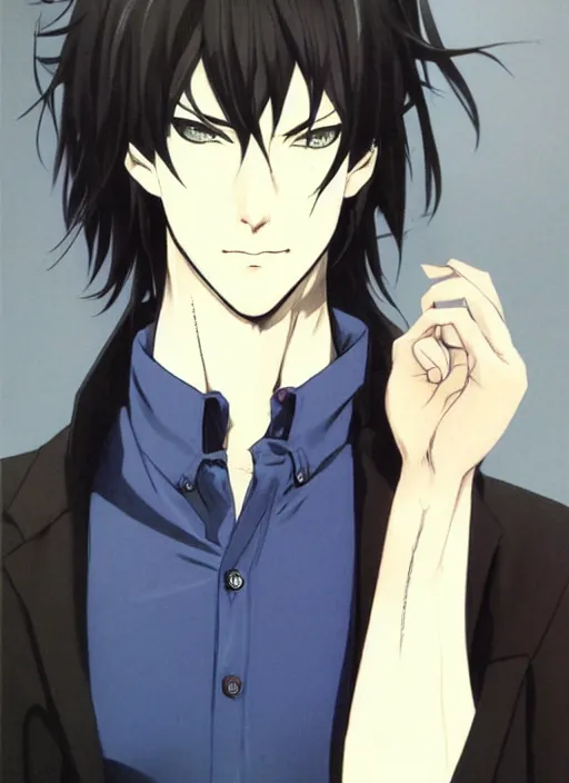 Prompt: portrait illustration by shigenori soejima, handsome male vampire, focus on face, pretty, long black hair, dark blue shirt, light brown coat