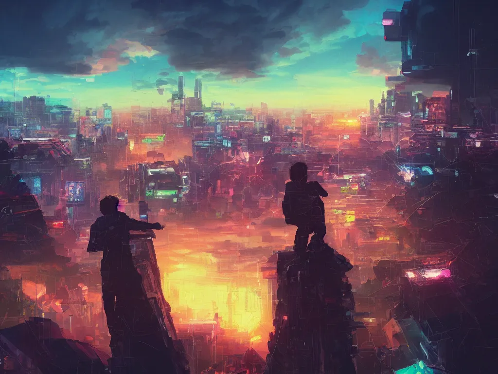 Image similar to a painting of a boy on top of a building watching a colorful sunrise futuristic city surrounded by clouds, cyberpunk art by yoshitaka amano and alena aenami, cg society contest winner, retrofuturism, matte painting, apocalypse landscape, cityscape