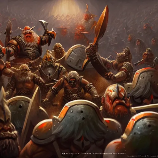 Prompt: painting of a single dwarven berserker facing a crew of crazy goblin warriors in deadly combat on a gladiator pit, sharp focus, high symmetry, award - winning, trending on artstation, masterpiece, highly detailed, intricate. art by mark tedin