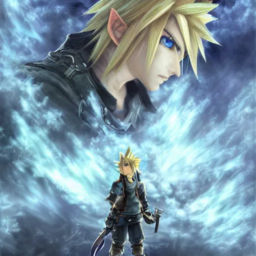 Image similar to cloud strife in the art style of breath of the wild and luis royo, grimdark dramatic lighting, digital art, intricate, highly detailed, matte painting, fine art