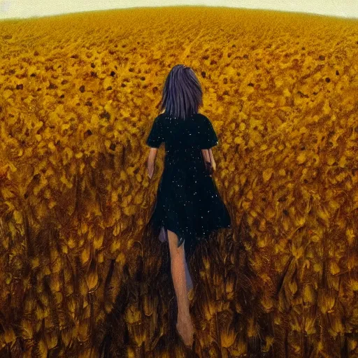 Image similar to huge sunflower face, girl walking in wheat field, hills, surreal photography, dark night, star trails, dramatic light, impressionist painting, clouds, digital painting, artstation, simon stalenhag