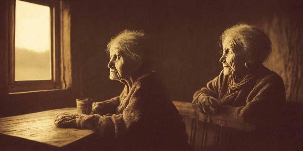 Image similar to portrait bust of old woman sitting at table, looking outside, tired expression, faded color film, russian cinema, tarkovsky, kodachrome, inside old cabin, next to window, heavy forest outside, long brown hair, old clothing, heavy fog, brown color palette, sunset, low light, hudson river school, 4 k, dramatic lighting, greg rutkowski