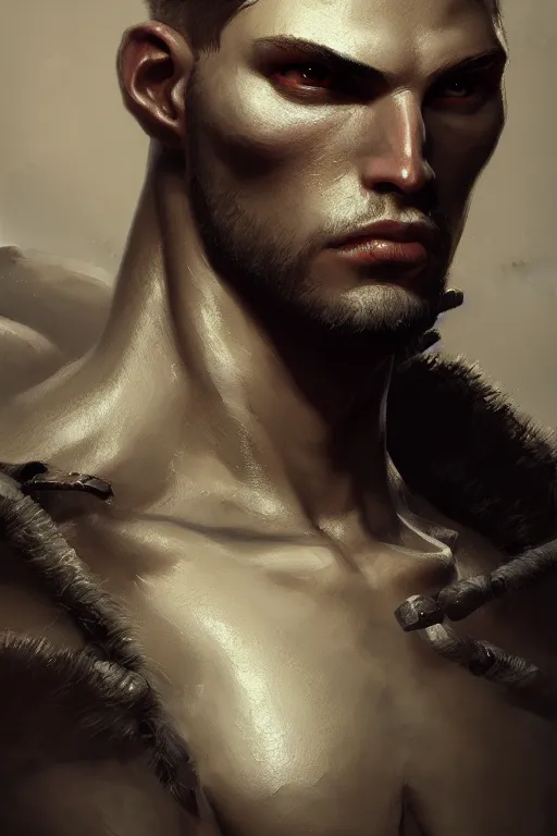 Image similar to a portrait of a male warrior, illustration, soft lighting, soft details, dark mood, painting oil on canvas by Cedric Peyravernay octane render trending on artstation d&d characters, 4k, 8k, HD