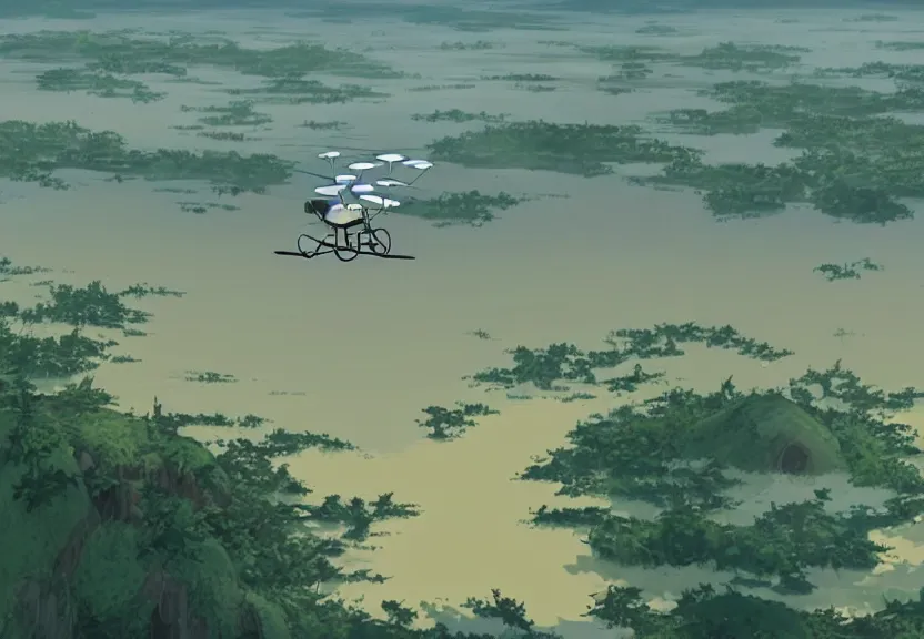 Image similar to a cell - shaded cartoon movie still from howl's moving castle ( 2 0 0 4 ) of a beautiful young woman flying a gyrocopter in a flooded rainforest valley. stonehenge is seen in the background with shafts of sunlight from above. wide shot, very dull muted colors, hd, 4 k, hq