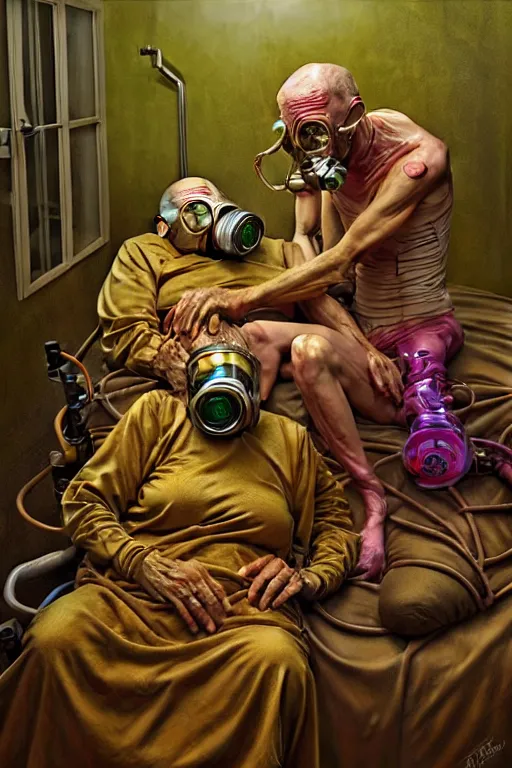 Prompt: two frail, skinny old people draped in fleshy gold, green and pink, wearing gas masks connected to their hearts, inside an dystopian, abandoned hospital room, charlie immer, greg hildebrandt, mark brooks, hauntingly surreal, highly detailed painting part by james jean,!!! jenny saville!!! soft light 4 k