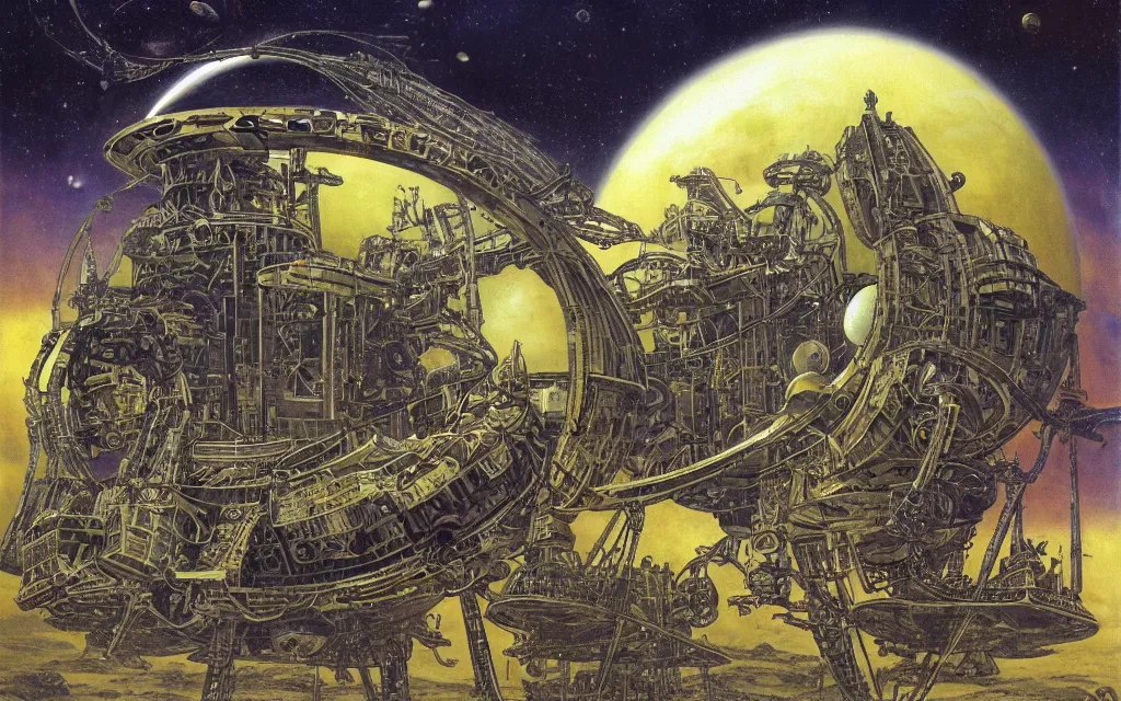 Prompt: complex alien technology in the form of a large spacecraft, with multiple levels and strange symbols by rodney matthews and howard pyle