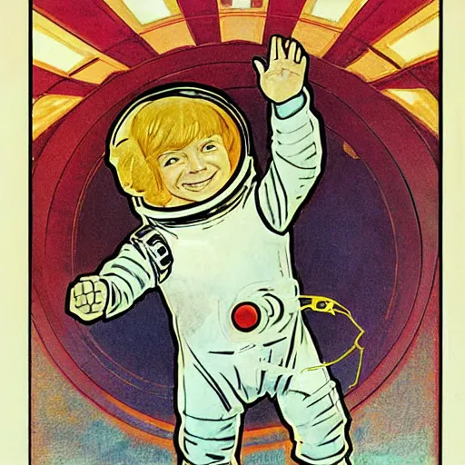 Image similar to a cute little boy with a mischievous face and short ginger hair. he is dressed as an astronaut. well composed, clean elegant painting, beautiful detailed face. painting by steve ditko and jack kirby and ( alphonse mucha )