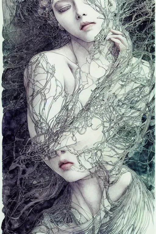 Image similar to Her skin was made of poetry that my fingers couldn't wait to read, pen and ink, intricate line drawings, by Yoshitaka Amano, Ruan Jia, Kentaro Miura, Artgerm, watercolor