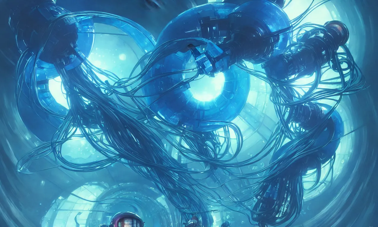 Prompt: cyberpunk jellyfish, blue tones, underwater, 360, highly detailed, digital painting, artstation, concept art, smooth, sharp focus, illustration, art by greg rutkowski and alphonse mucha