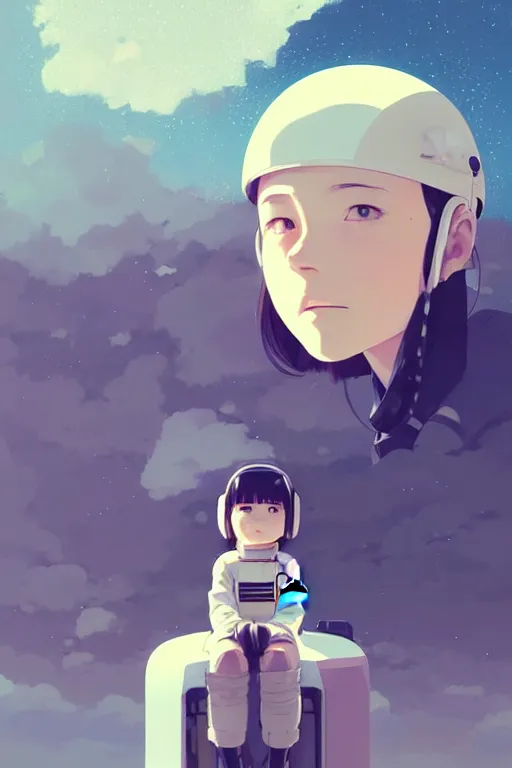 Image similar to portrait of a girl with astronaut helmets by ilya kuvshinov, a big medieval mech, cloudy sky background lush landscape ln illustration concept art anime key visual trending pixiv by victo ngai fanbox by greg rutkowski makoto shinkai takashi takeuchi studio ghibli