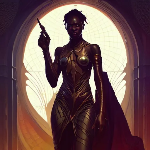 Image similar to African futuristic dystopian,D&D, fantasy, intricate, elegant, highly detailed, digital painting, artstation, concept art, matte, sharp focus, illustration, art by Artgerm and Greg Rutkowski and Alphonse Mucha