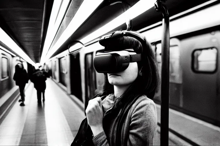 Image similar to girl in vr headset in a subway, richard avedon, tri - x pan, ominous lighting