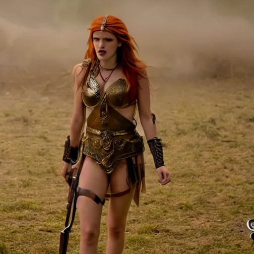 Image similar to bella thorne as the goddess of war in a battlefield, ground mist, cinematic