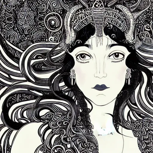 Image similar to filigree detailed illustration of a profile of gypsy girl with long curly hair and big goat horns on her head, aubrey beardsley, tomer hanuka, makoto shinkai