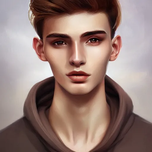 Image similar to 22 year old boy with brown blond short quiff hair and thin slightly round facial structure with cleft chin, bumpy nose, good definition of cheekbones, Alert brown eyes, narrow face, slim body, atmospheric lighting, painted, intricate, 4k, highly detailed by Charlie Bowater