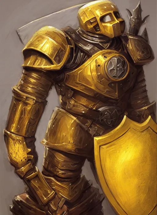 Image similar to dynamic portrait of a big eye warforged character in yellow armor holding a paladin engraved longsword and carrying a big shield, epic , trending on ArtStation, cinematic lighting, by Jesper Ejsing