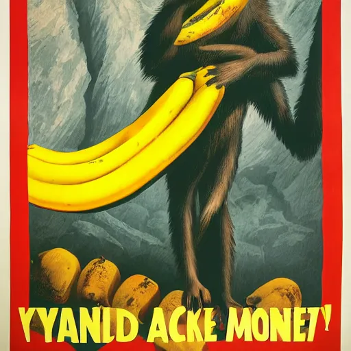 Image similar to propaganda poster of a monkey in front of a large pile of bananas, illustration, highly detailed