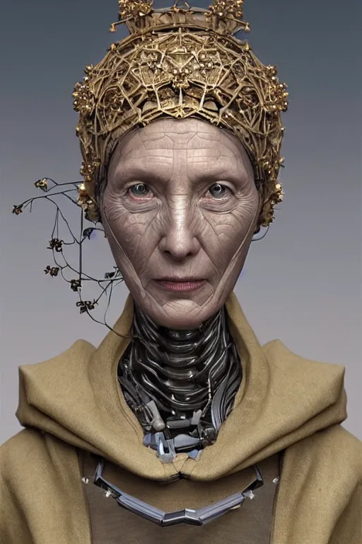 Image similar to portrait of a old female robot grandmother, intricate, dystopian toy, sci-fi, simple crown of little flowers, extremely detailed, digital painting, sculpted in zbrush, artstation, concept art, smooth, sharp focus, illustration, chiaroscuro lighting, golden ratio, incredible art by artgerm and greg rutkowski and alphonse mucha and simon stalenhag