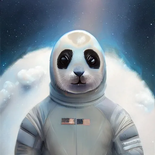 Image similar to head and shoulders masterpiece portrait of a baby harp seal wearing a spacesuit, surreal background, digital art by Krenz Cushart, trending on artstation, cgsociety