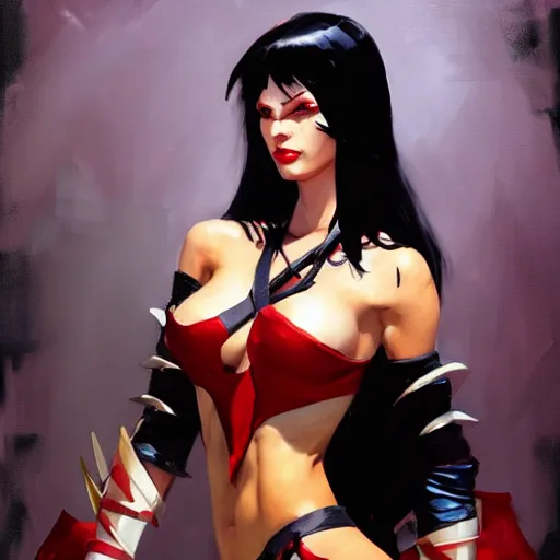 Image similar to greg manchess portrait painting of partially armored vampirella as overwatch character, medium shot, asymmetrical, profile picture, organic painting, sunny day, matte painting, bold shapes, hard edges, street art, trending on artstation, by huang guangjian and gil elvgren and sachin teng