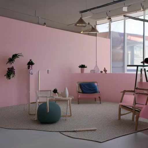 Image similar to An ultra high definition, professional photograph of an IKEA showroom located on a pastel pink beach ((with pastel pink, dimpled sand where every item is pastel pink. The sun can be seen rising through a window in the showroom.)) The showroom unit is outdoors and the floor is made of dimpled sand. Morning time indirect lighting with on location production lighting on the showroom. In the style of wallpaper magazine, Wes Anderson.