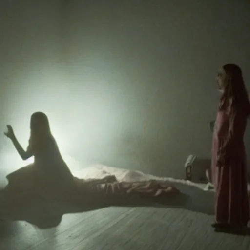 Image similar to movie still of a girl and a demon sleep paralysis, cinematic composition, cinematic light, criterion collection, by edgar wright and edgar allan poe