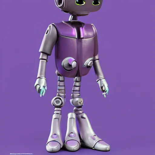 Prompt: kid robot with purple jacket design by fabricio campos and lidia morales, character modeling, toy design, substance 3 d painter, blender, mental ray, zbrush, stylized, portrait, studio photo, 7 0 mm lens, trending in behance