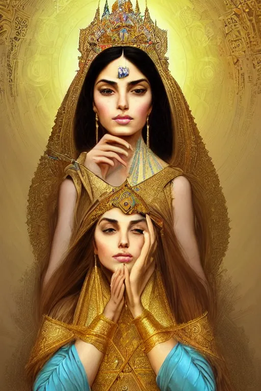 Image similar to Beautiful portrait of a Persian Princess who is an architect, beautiful princess, face painting, architecture, persian style architecture, dramatic lighting, intricate, wild, highly detailed, digital painting, artstation, concept art, smooth, sharp focus, illustration, gold+yellow+white+Turquoise, art by artgerm and greg rutkowski and alphonse mucha, footage from space camera