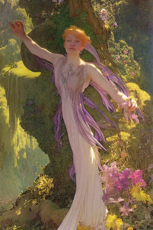 Image similar to a beautiful faerie wearing a silk dress, in a lord of the rings scenery landscape, detailed, rainbowshift, by maxfield parrish, alphonse mucha, brian froud