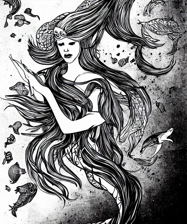 Image similar to black and white illustration, creative design, beautiful mermaid with fishes