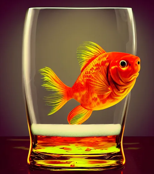 Prompt: an epic fantasy comic book style portrait painting of a goldfish swimming in a full glass of beer, studio ghibli, no red colour, unreal 5, daz, hyperrealistic, octane render, cosplay, rpg portrait, dynamic lighting, intricate detail, harvest fall vibrancy, cinematic