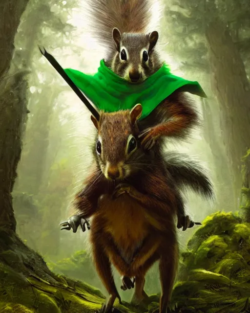 Image similar to oil painting of Anthropomorphized Squirrel warrior riding Badger, wearing green cloak, wearing war paint, sharp focus, fantasy style, octane render, volumetric lighting, 8k high definition, by greg rutkowski, highly detailed, trending on art Station, magic the gathering artwork, magical forest backround, centered