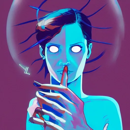 Image similar to A conceptual art. A rip in spacetime. Did this device in her hand open a portal to another dimension or reality?! electric blue by Tomer Hanuka lively