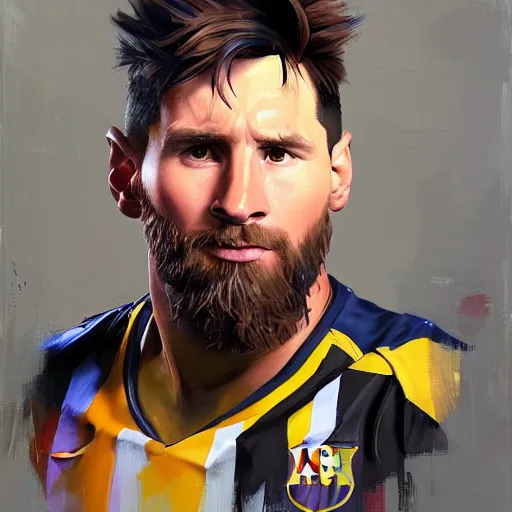 Image similar to greg manchess portrait painting of lionel messi as overwatch character, medium shot, asymmetrical, profile picture, organic painting, sunny day, matte painting, bold shapes, hard edges, street art, trending on artstation, by huang guangjian and gil elvgren and sachin teng