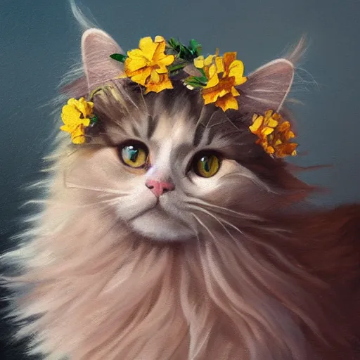 Image similar to anthromorphic fluffy long haired cat dressed in tutu with flower crown, detailed 4 k oil painting