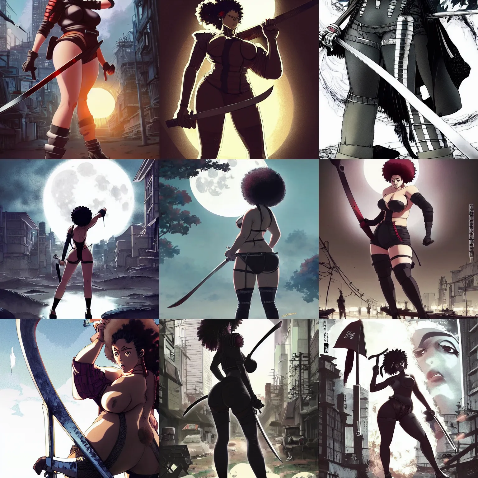 Prompt: instagram model, plus size, thicc, scarlett johansson holding sword, afro samurai anime style, full body profile, dynamic wide angle lens, manga style, by masamune shirow and greg rutkowski, pencil and ink, full moon lighting, fully clothed, hot pants, in a post apocalyptic city