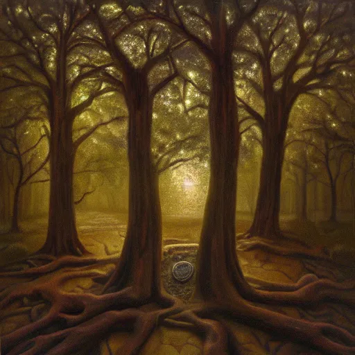 Image similar to a mysterious stone with magical symbols stands in the middle of a forest of ancient oaks, dawn, oil painting