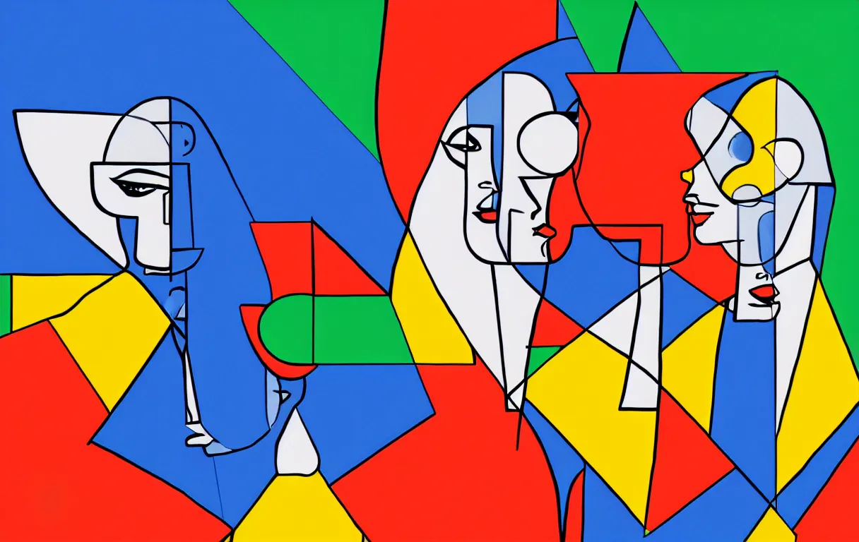 Prompt: a digital art depicting a two ai android facing each other cubism minimalism