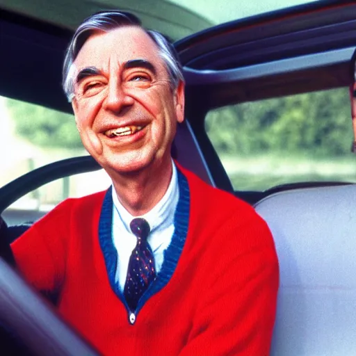 Prompt: mr rogers drinking and driving in a convertible, empty beer bottles in the passenger seat of the car,
