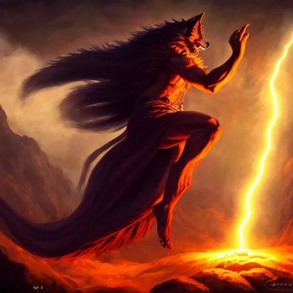 Prompt: magic wolf sorcerer casting a powerful arcane magic spell, fire, ice, lightning, fantasy, occult, majestic pose, dramatic lighting, cinematic scene, frank frazetta, visually stunning, sharp focus, highly detailed, colorful, trending on artstation, cgsociety, artgerm, award - winning