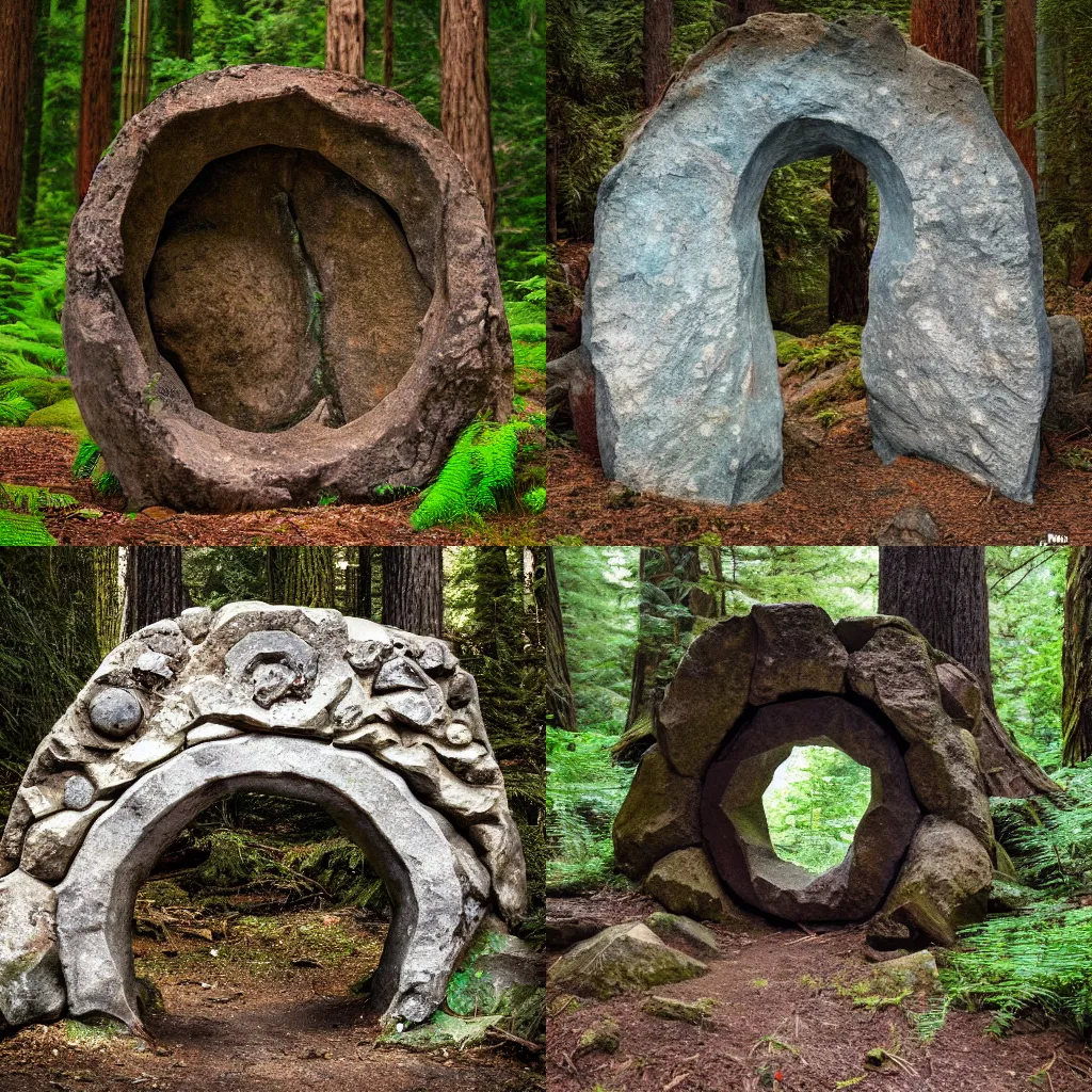 Prompt: High resolution photograph of a magic stone portal that was discovered in a forest in northen California, published in National Geographic May 2027 issue
