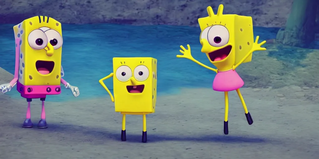 Image similar to “animated Ariana grande and SpongeBob hanging out. 4. Octane render, 4k, 8k, unreal 5, very detailed, hyper realism, trending on artstation.”