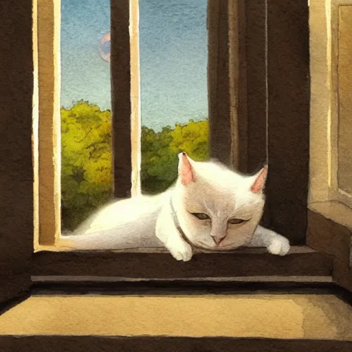 Image similar to head and shoulders masterpiece portrait of a cute adorable cat sleeping on a window sill at sunset, digital art watercolor by krenz cushart and hayao miyazaki and kuniyoshi utagawa, trending on artstation, cgsociety, rich vivid color